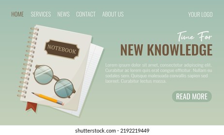 Notepad with bookmark, glasses and pencil, website interface template. Vector illustration. Time for new knowledge.