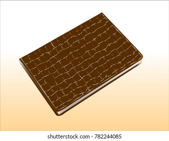 Notepad with a brown cover made of leather, similar to crocodile. Vector illustration on a light brown background.
