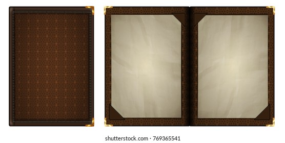 Notepad in brown leather binding with vintage pattern, two kinds of indoor and outdoor with old sheets of paper are shown. Isolated objects on white background.