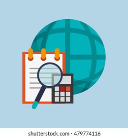 notepad with calculator with earth globe diagram and magnifying 