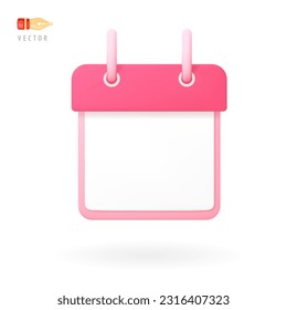 Notepad or calendar 3D icon template. Blank notepad with white sheet and red top. Object isolated on white background and casts a shadow. UI, UX Design Clip Art. Web Design 3d Vector Illustration