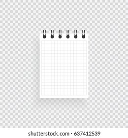Notepad in a cell on a spiral on a transparent background. A realistic notebook for notes and sketches. Vector illustration.