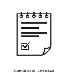 Um bloco de notas com uma lista de verificação é exibido, apresentando uma marca de seleção em uma caixa. O bloco de notas está preso a anéis e tem linhas de texto. O canto inferior está enrolado para cima.