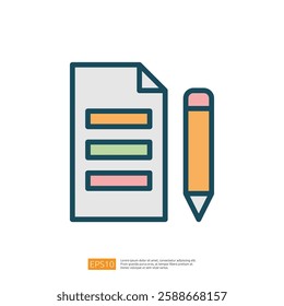 a notepad with colorful sections and a pencil, symbolizing note-taking or organization. Flat line style icon