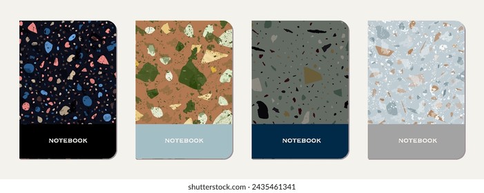 Notepad cover design. Terrazzo abstract background made of natural stones, granite, quartz and marble. Venetian terrazzo texture notepad cover template.