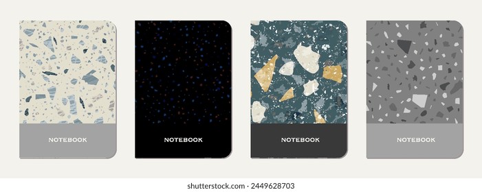 Diseño de portada de bloc de notas. Fondo abstracto de terrazo hecho de piedras naturales, granito, cuarzo y mármol. Plantilla veneciana de la cubierta del bloc de notas de la textura del terrazo.
