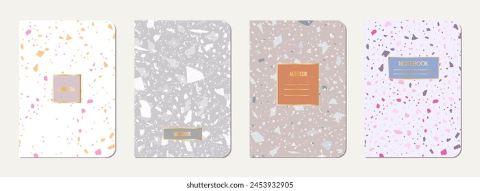 Diseño de portada de bloc de notas. Fondo abstracto de terrazo hecho de piedras naturales, granito, cuarzo y mármol. Plantilla veneciana de la cubierta del bloc de notas de la textura del terrazo.