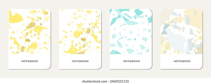 Diseño de portada de bloc de notas. Fondo abstracto de terrazo hecho de piedras naturales, granito, cuarzo y mármol. Plantilla veneciana de la cubierta del bloc de notas de la textura del terrazo.