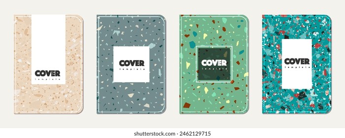 Diseño de portada de bloc de notas. Fondo abstracto de terrazo hecho de piedras naturales, granito, cuarzo y mármol. Plantilla veneciana de la cubierta del bloc de notas de la textura del terrazo.