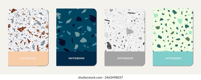 Diseño de portada de bloc de notas. Fondo abstracto de terrazo hecho de piedras naturales, granito, cuarzo y mármol. Plantilla veneciana de la cubierta del bloc de notas de la textura del terrazo.