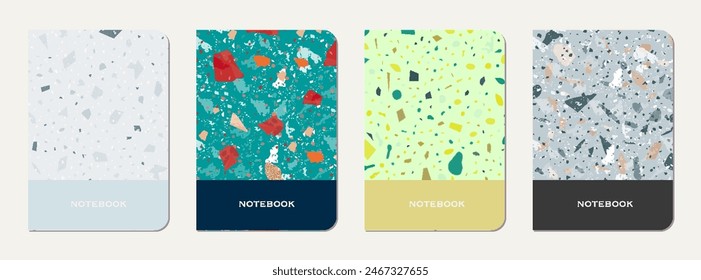 Diseño de portada de bloc de notas. Fondo abstracto de terrazo hecho de piedras naturales, granito, cuarzo y mármol. Plantilla veneciana de la cubierta del bloc de notas de la textura del terrazo.