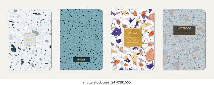 Notizblock-Cover-Design. Terrazzo abstrakter Hintergrund aus Natursteinen, Granit, Quarz und Marmor. Venezianische Terrazzo Textur Notizblock Abdeckung Vorlage.