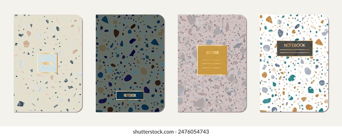 Notepad cover design. Terrazzo abstract background made of natural stones, granite, quartz and marble. Venetian terrazzo texture notepad cover template.