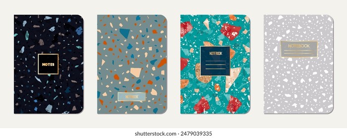 Notepad cover design. Terrazzo abstract background made of natural stones, granite, quartz and marble. Venetian terrazzo texture notepad cover template.