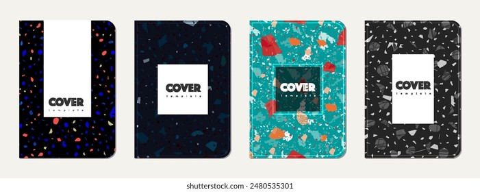 Notizblock-Cover-Design. Terrazzo abstrakter Hintergrund aus Natursteinen, Granit, Quarz und Marmor. Venezianische Terrazzo Textur Notizblock Abdeckung Vorlage.