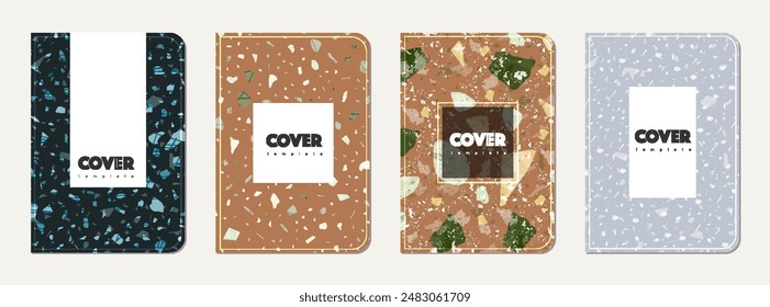 Diseño de portada de bloc de notas. Fondo abstracto de terrazo hecho de piedras naturales, granito, cuarzo y mármol. Plantilla veneciana de la cubierta del bloc de notas de la textura del terrazo.