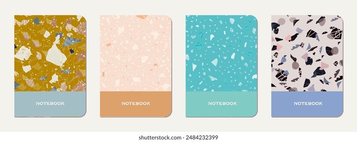 Notepad cover design. Terrazzo abstract background made of natural stones, granite, quartz and marble. Venetian terrazzo texture notepad cover template.