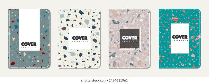 Notepad cover design. Terrazzo abstract background made of natural stones, granite, quartz and marble. Venetian terrazzo texture notepad cover template.