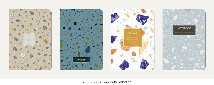 Diseño de portada de bloc de notas. Fondo abstracto de terrazo hecho de piedras naturales, granito, cuarzo y mármol. Plantilla veneciana de la cubierta del bloc de notas de la textura del terrazo.