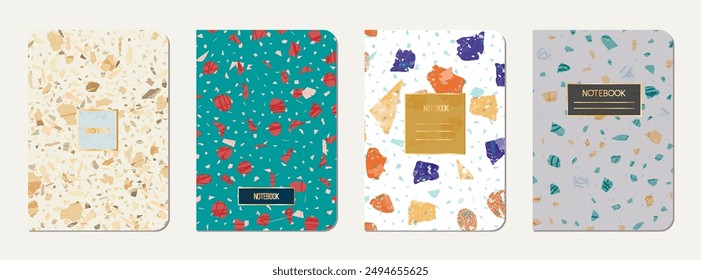 Notepad cover design. Terrazzo abstract background made of natural stones, granite, quartz and marble. Venetian terrazzo texture notepad cover template.