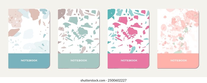 Notepad cover design. Terrazzo abstract background made of natural stones, granite, quartz and marble. Venetian terrazzo texture notepad cover template.