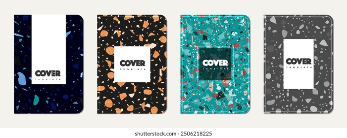 Notepad cover design. Terrazzo abstract background made of natural stones, granite, quartz and marble. Venetian terrazzo texture notepad cover template.