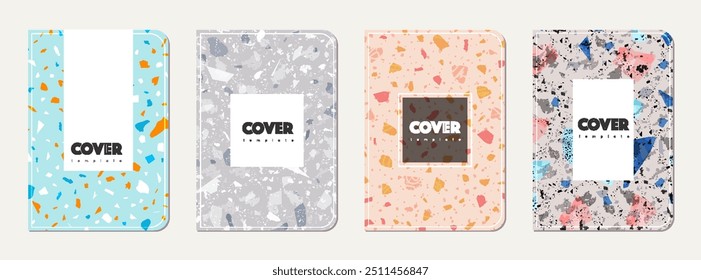 Notepad cover design. Terrazzo abstract background made of natural stones, granite, quartz and marble. Venetian terrazzo texture notepad cover template.