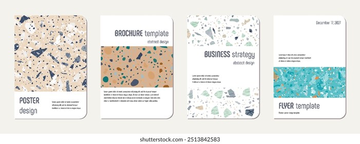 Notepad cover design. Terrazzo abstract background made of natural stones, granite, quartz and marble. Venetian terrazzo texture notepad cover template.