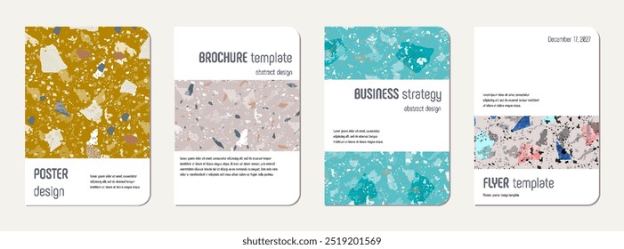 Diseño de la cubierta del bloc de notas. Fondo abstracto de terrazo hecho de piedras naturales, granito, cuarzo y mármol. Plantilla de cubierta de bloc de notas de textura de terrazo veneciano.