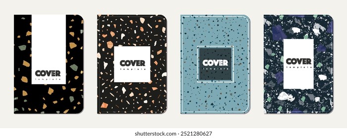Notepad cover design. Terrazzo abstract background made of natural stones, granite, quartz and marble. Venetian terrazzo texture notepad cover template.