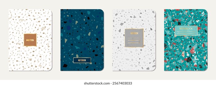 Notepad cover design. Terrazzo abstract background made of natural stones, granite, quartz and marble. Venetian terrazzo texture notepad cover template.