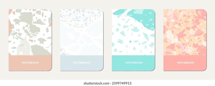 Notepad cover design. Terrazzo abstract background made of natural stones, granite, quartz and marble. Venetian terrazzo texture notepad cover template.