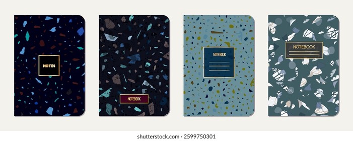 Notepad cover design. Terrazzo abstract background made of natural stones, granite, quartz and marble. Venetian terrazzo texture notepad cover template.