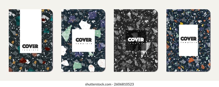 Notepad cover design. Terrazzo abstract background made of natural stones, granite, quartz and marble. Venetian terrazzo texture notepad cover template.