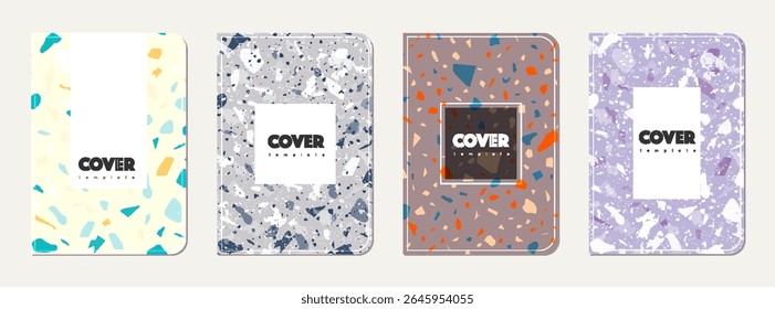 Notepad cover design. Terrazzo abstract background made of natural stones, granite, quartz and marble. Venetian terrazzo texture notepad cover template.
