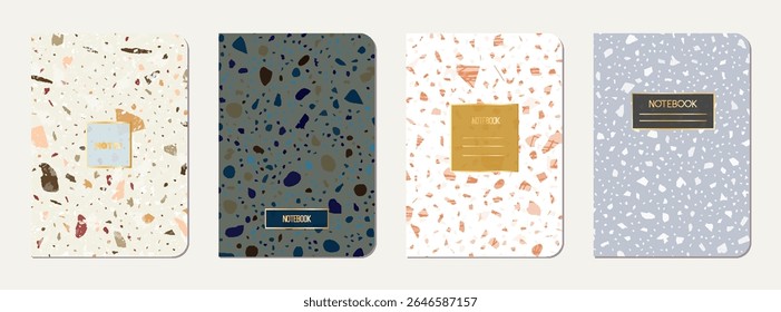 Design da tampa do notebook. Fundo abstrato terrazzo feito de pedras naturais, granito, quartzo e mármore. Modelo de cobertura do bloco de notas de textura terrazzo veneziano.