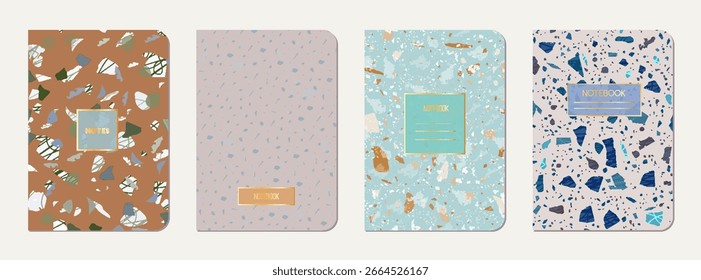 Design da tampa do notebook. Fundo abstrato terrazzo feito de pedras naturais, granito, quartzo e mármore. Modelo de cobertura do bloco de notas de textura terrazzo veneziano.