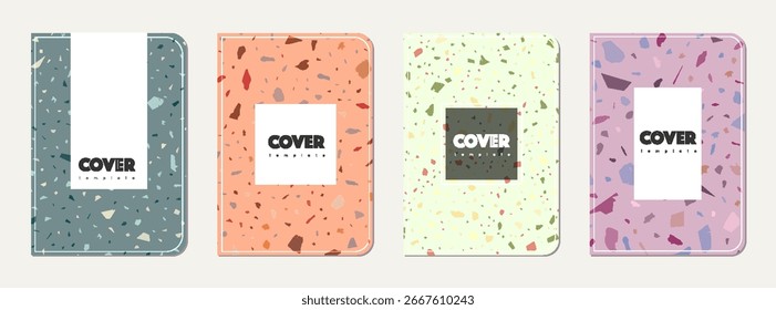 Design da tampa do notebook. Fundo abstrato terrazzo feito de pedras naturais, granito, quartzo e mármore. Modelo de cobertura do bloco de notas de textura terrazzo veneziano.