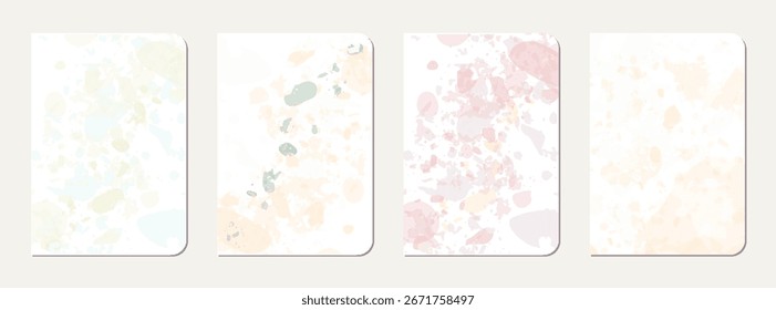 Diseño de la cubierta del bloc de notas. Fondo abstracto de terrazo hecho de piedras naturales, granito, cuarzo y mármol. Plantilla de cubierta de bloc de notas de textura de terrazo veneciano.