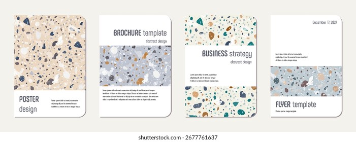 Entwurf der Notizblock-Abdeckung. Abstrakter Terrazzo-Hintergrund aus Natursteinen, Granit, Quarz und Marmor. Venezianische Terrazzo Textur Notizblock Abdeckung Vorlage.