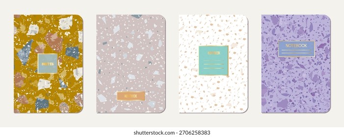 Diseño de la cubierta del bloc de notas. Fondo abstracto de terrazo hecho de piedras naturales, granito, cuarzo y mármol. Plantilla de cubierta de bloc de notas de textura de terrazo veneciano.
