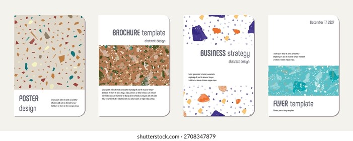 Design da tampa do notebook. Fundo abstrato terrazzo feito de pedras naturais, granito, quartzo e mármore. Modelo de cobertura do bloco de notas de textura terrazzo veneziano.