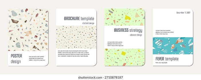 Design da tampa do notebook. Fundo abstrato terrazzo feito de pedras naturais, granito, quartzo e mármore. Modelo de cobertura do bloco de notas de textura terrazzo veneziano.