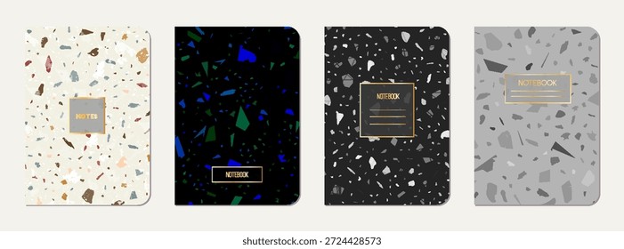Design da tampa do notebook. Fundo abstrato terrazzo feito de pedras naturais, granito, quartzo e mármore. Modelo de cobertura do bloco de notas de textura terrazzo veneziano.