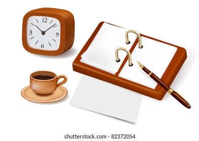 Notepad and cup of coffee with office supplies. Vector illustration