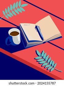 Notepad and a cup of coffee. Person filling to do list with goals and aims. Colorful vector flat cartoon top view illustration