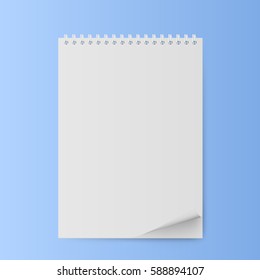 Notepad with a curved sheet. Notepad with blank white sheets. Vector illustration.