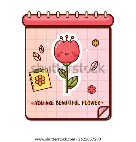 Notepad with cute kawaii flower sticker and positive text quote