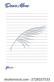 A notepad with a Dear Mom heading and a palm leaf design on the page. The notepad has a white background with blue cursive text and a simple illustration of a palm leaf. The page has lined paper, perfect for writing a heartfelt message or note to a loved one.