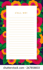 Notepad decorated with orange and pink flowers with different styles of green leaves. Use to write down missed calls. Vector and illustration design.